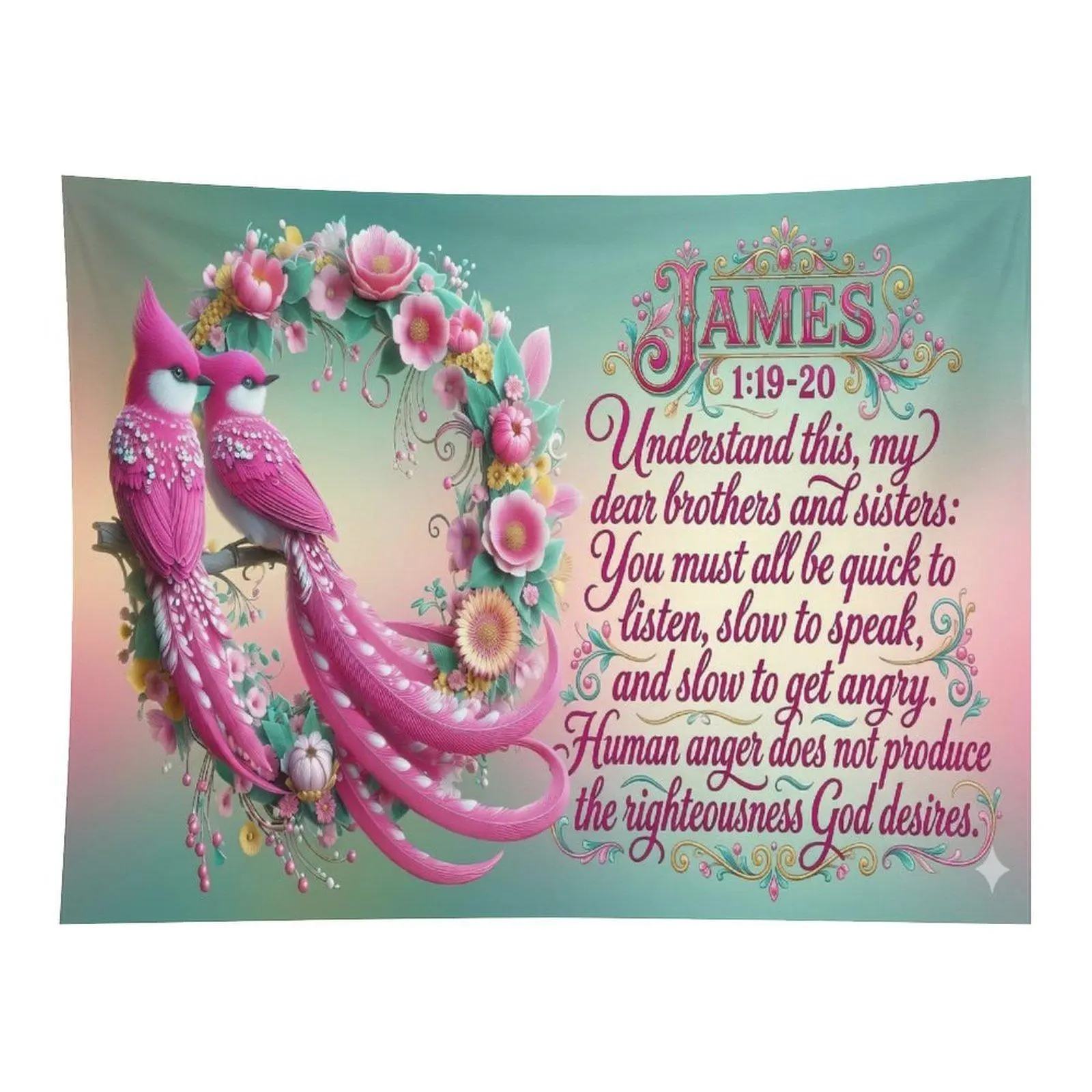 Soft Pink Floral Twin Magenta Birds James 1:19-20 Bible Verse Wall Tapestry Wall Hanging, Pastel Christian Inspirational Faith Scripture Decor for Girls Prayer Bedroom Dorm Backdrop