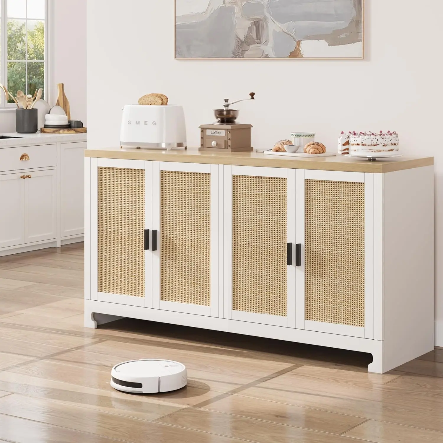 60" Rattan Buffet Cabinet - 4-Door Woven Storage Sideboard with Adjustable Shelves, White Farmhouse Console for Dining Room, Living Room & Entryway