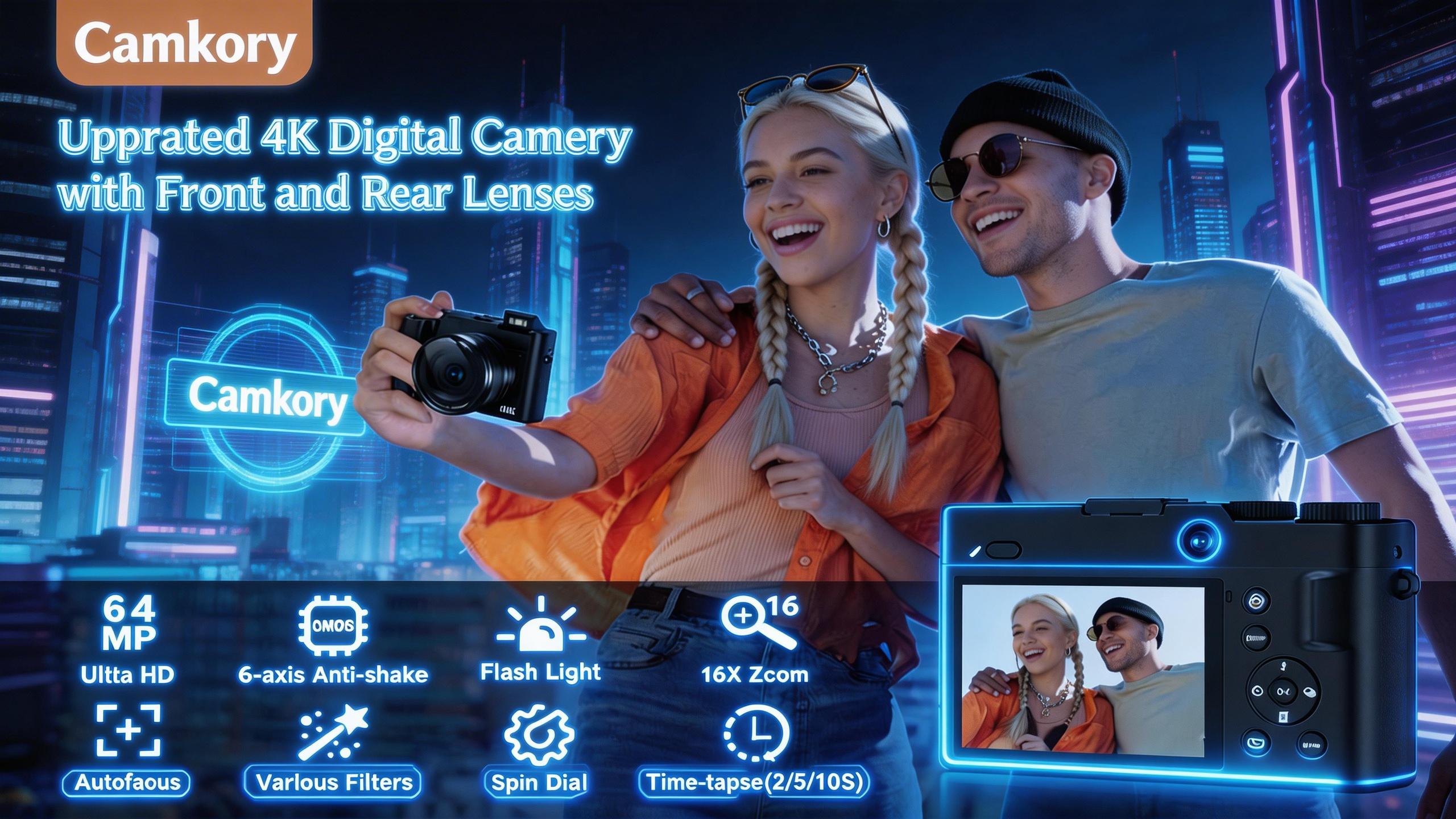 CAMKORY 4K Digital Camera for Vlogging, 64MP Front and Rear Dual Lens, Autofocus Anti-Shake, 3" Tiltable Selfie Screen, Pop-Up Flash, 16X Zoom, with Charging Cradle & 2 Batteries CAMKORY 4K Digital Camera for Vlogging, 64MP Front and Rear Dual Lens, Autofocus Anti-Shake, 3" Tiltable Selfie Screen, Pop-Up Flash, 16X Zoom, with Charging Cradle & 2 Batteries