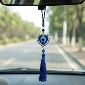 Turkish Blue Evil Eye Car Rear View Mirror Hanging with Lucky Heart Shape Amulet Blessing Gift Home Office Hanging Ornament