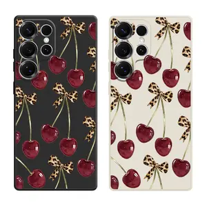 Cute Cherry Leopard Print Bow Pattern Phone Cases For Samsung Galaxy S26 Ultra S25 Edge S24 Plus S23 FE S22 S21 Shockproof TPU Soft Liquid Silicone Cellphone Casing Cover With Lanyard Button