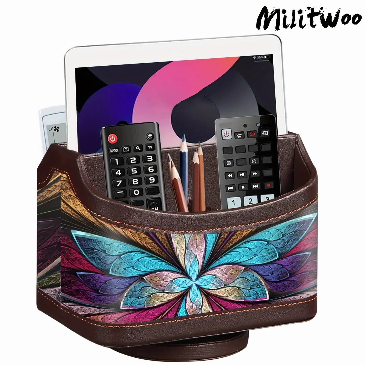 360° Swivel Remote Control Holder with 5 Compartments, PU Leather Multifunctional Desk Storage Box/Organizer Basket for TV Controllers, Mobile Phones, Eyeglasses, Pens, Office Supplies and Accessories
