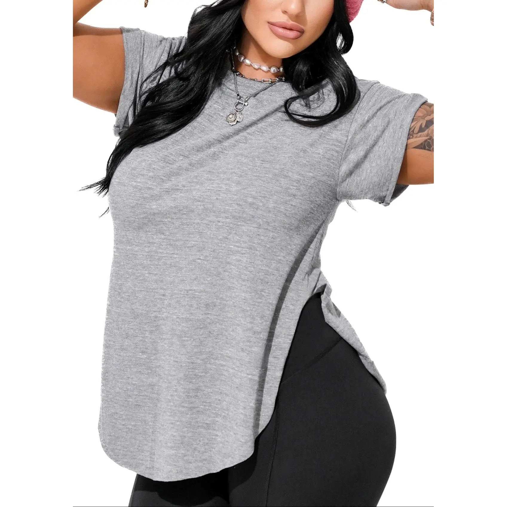 PEBBY BASICS HEATHER GRAY SIDE SLIT TEE