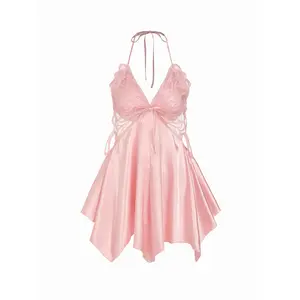 Cider Pink Satin Halter Nightgown - Lace Trim Deep V Neck Irregular Hem Sleepwear for Women