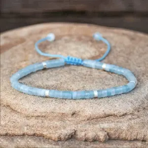 Natural Aquamarine Stone Bracelet 4mm Blue Gemstone Tibetan Beaded Stretch Bracelet Spiritual Healing Handmade Bracelet Women Blue Friendship Bracelet