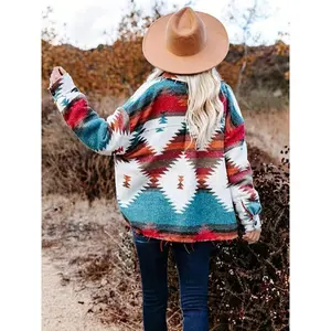 Women's Aztec Style Button Design Shirt Jacket Bohemian Western Vintage Distressed