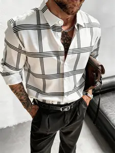 Men’s White Black Checked Plaid Shirt | Long Sleeve Button Down Casual Dress Shirt | Party, Date Night & Weekend Outfit