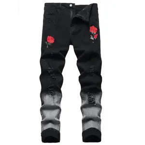 Men's Red Printed Casual Slim Stretch Straight Jeans