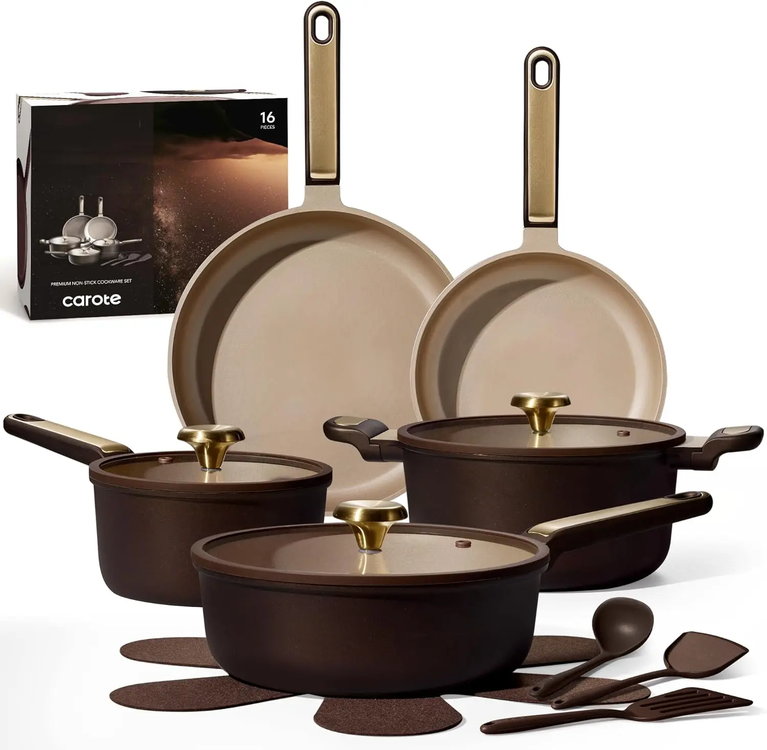 CAROTE Pots and Pans Set Nonstick, 16pcs Cookware Set Nonstick Non-Toxic & PFOA&PFOS-Free, Dishwasher, RV/Camping Cookware Set, Cooking Pots with Lids, Brown