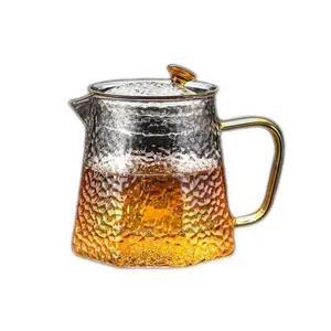 Cove3 Piece Detachable Hammered Glass Teapot with Gold Handle Removable for Loose Leaf Brewing Easy to Clean Porcelain Infuser afternoon cup Infuser Set strainer hot water jug borosilicate teaware gift handmade Tea Maker Set clear home office daily use