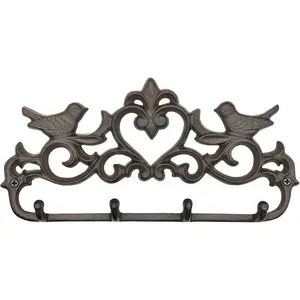 Cast Iron Wall Mounted Coat Rack with 4 Hooks - Rustic Wall Hook Rack, Farmhouse Key Holder, Heavy Duty Towel Hanger, Decorative Bird & Heart Design, Antique Black-Brown