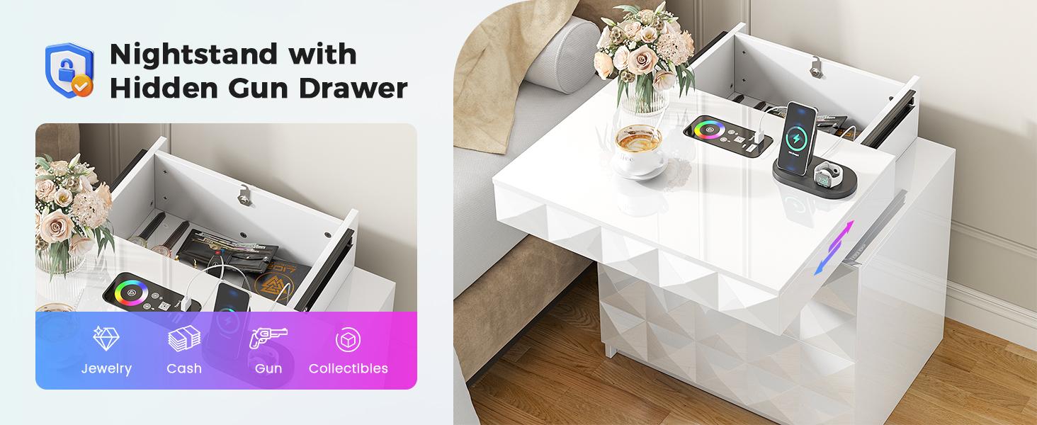 Dystler LED Nightstand Set of 2 with Charging Station,3 Drawers Night Stand with Lockable Hidden Storage,Smart Bedside Table with Human Sensor RGB Lights for Bedroom,white