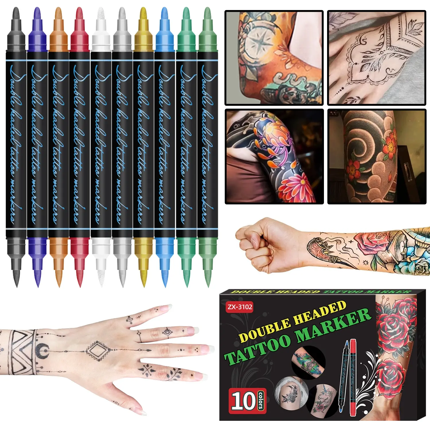 Temporary Dual-Head Tattoo Pen Drawing Pen, 10 Colors, Washable