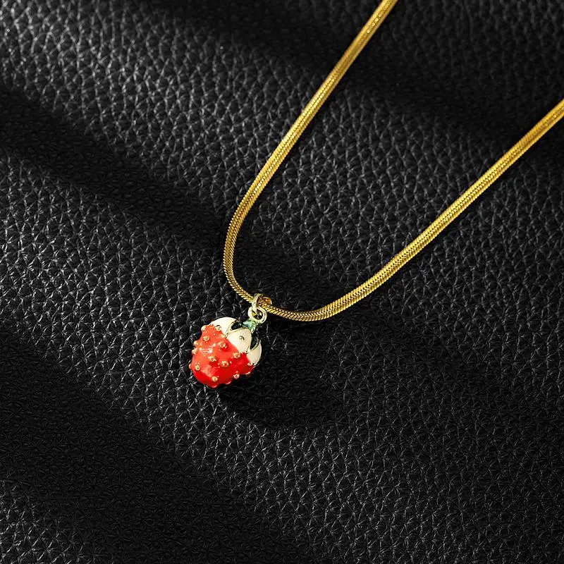 Women's Titanium Steel & Copper Costume Necklace - Elegant Strawberry Sugar Cube Pendant, 45cm 2mm Dainty Chain Necklaces, Fashion Jewelry Party & Daily Wear Accessory, Costume Necklaces