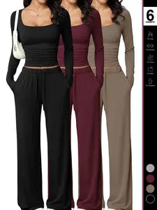 Women's 2 Piece Matching Lounge Set, Fitted Square Neck Long Sleeve Crop Top, High Waisted Wide Leg Drawstring Pants, Casual Sweatsuit