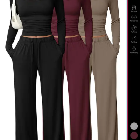 Women's 2 Piece Matching Basic Lounge Set, Palazzo Set, Square Neck Long Sleeve Crop Top, High Waisted Wide Leg Drawstring Adjustable Pants, Casual Sweatsuit
