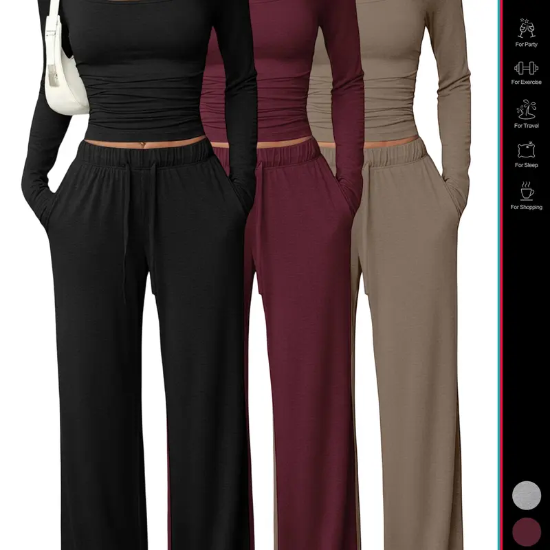 Women's 2 Piece Matching Basic Lounge Set, Palazzo Set, Square Neck Long Sleeve Crop Top, High Waisted Wide Leg Drawstring Adjustable Pants, Casual Sweatsuit
