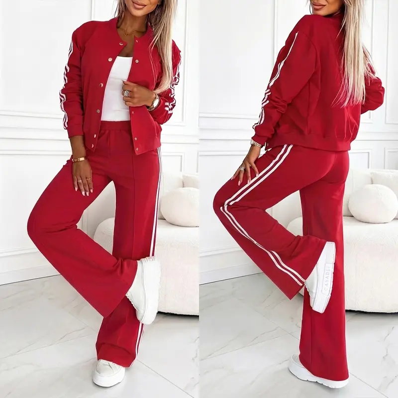 CHICME Women's 2 Piece Outfit Baseball Jacket and Wide-Leg Pants Set Casual Contrast Side Striped Tracksuit CHICME Women's 2 Piece Outfit Baseball Jacket and Wide-Leg Pants Set Casual Contrast Side Striped Tracksuit