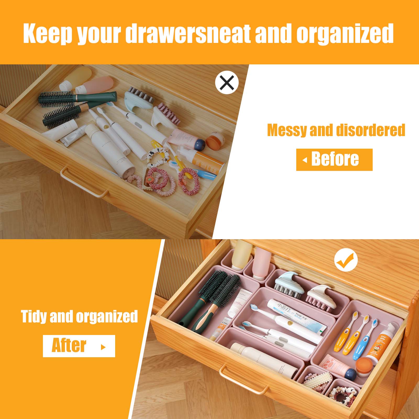 16-Piece Plastic Drawer Organizers Set 4 Sizes Versatile Storage Bins for Bathroom Kitchen Makeup Office Supplies Lightweight Sturdy Bakeware Ideal for Various Needs