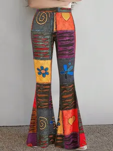 Women's High Waist Wide Leg Pants, Boho Casual Bottoms, Flared, Vintage Colorblock Print Design, Comfortable & Stylish Casual Wear, Perfect for Daily, Womenswear, Fitted