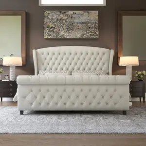 [SummerVibes]VanAcc Platform Bed Frame, Velvet Upholstered Sleigh Bed with Scroll Wingback Headboard & Footboard/Button Tufted/No Box Spring Required/Easy Assembly
