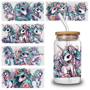 5 Sheets Unicorn Fantasy uv dtf transfer sticker Plastic Self-Adhesive Labels Home Unicorn Motivational Flower Cups Decoration magnetic