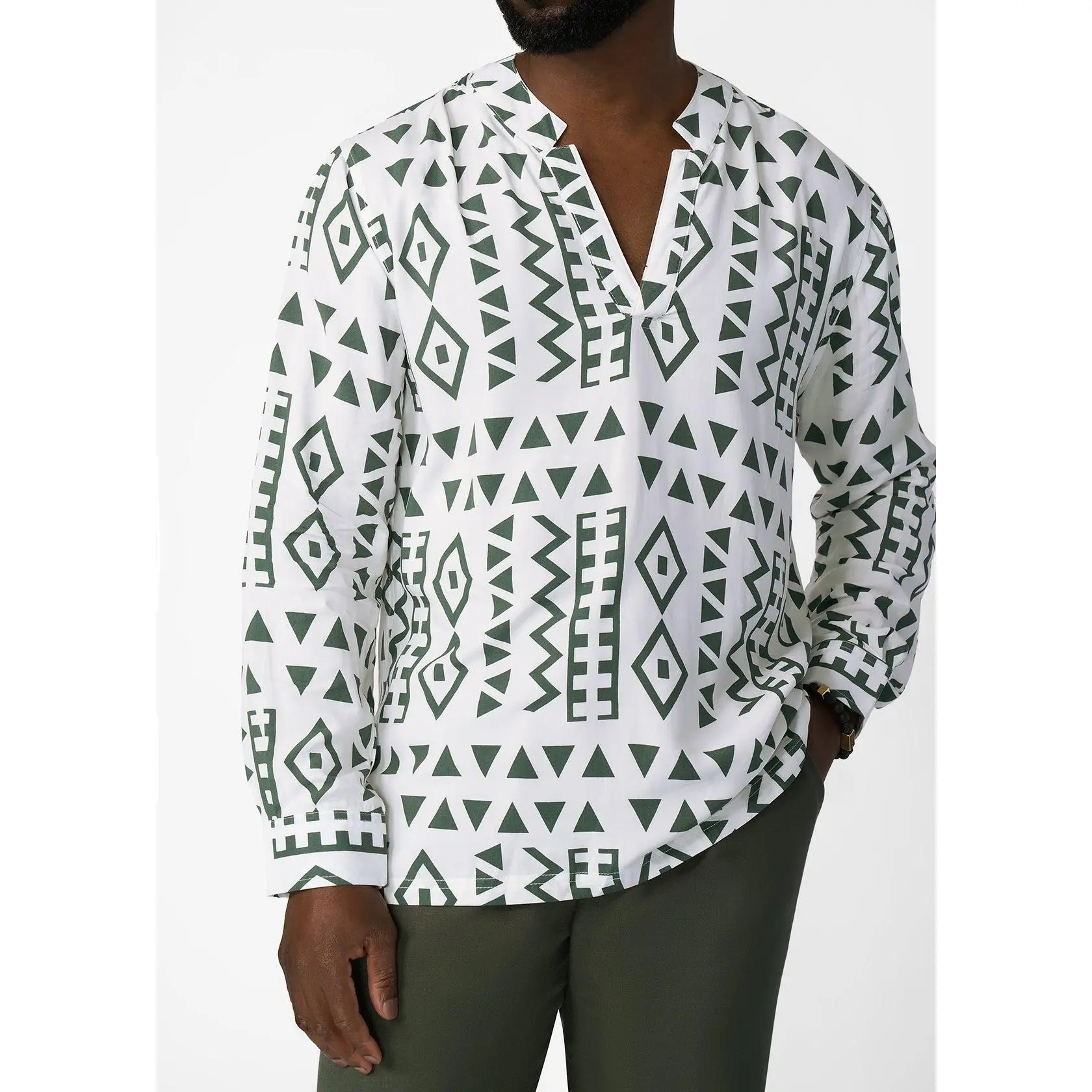 Ajisomo Men's African Print Tunic Shirt (White Olive Tribal)