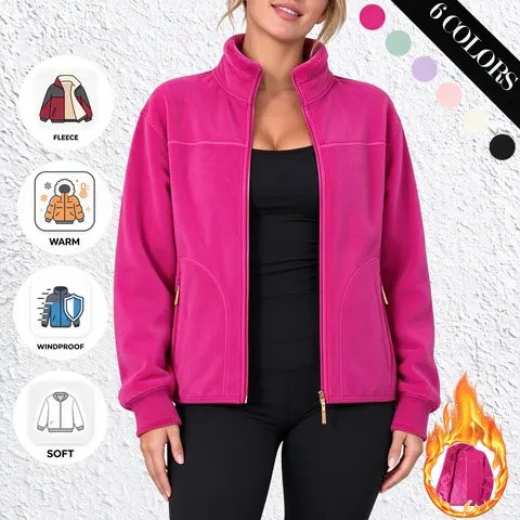 Women's Fleece Jacket - Warm Zip-Up Coat with Sherpa Trim, Stand Collar, Soft Stretchy Outerwear for Fall Winter Layering, Fashion Sizes XXS-2XL