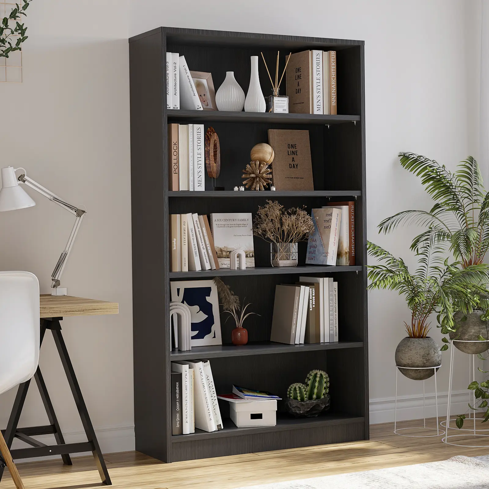 Dufominc 60-in Tall Freestanding 5-Tier Waterproof Wood Display Shelf - Adjustable Shelves, 105 lbs Capacity, Contemporary Design with Minimalist Trendy Charm, Customizable Space, Anti-Tipping, for Bedroom, Office, Hassle-Free Refund, Assembly Required