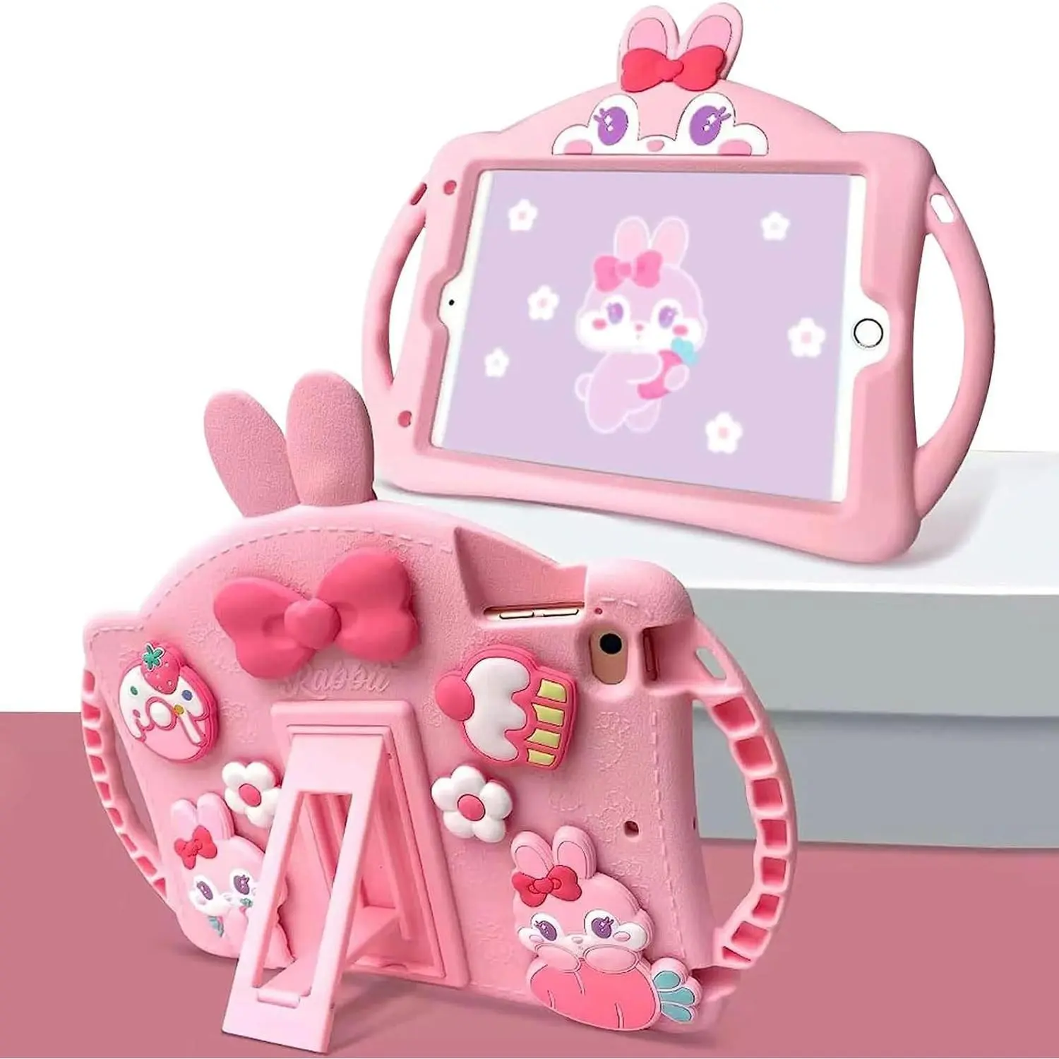 Shockproof Soft Silicone Cover for Samsung Galaxy Tab A9 Plus 11" 2023 (SM-X210/X216/X218) - Colorful Feminine Cute Rabbit Design, Adjustable Shoulder Straps, Grip Handle, Detachable Casing, Kickstand, Tablet Computer Accessory (Pink), Tab A9+ 11"
