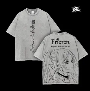 Frieren Beyond Journey's End Anime Double Printed Vintage Washed Tee Unisex Oversize Heavyweight Cotton T-shirt for Anime Fans and Lovers