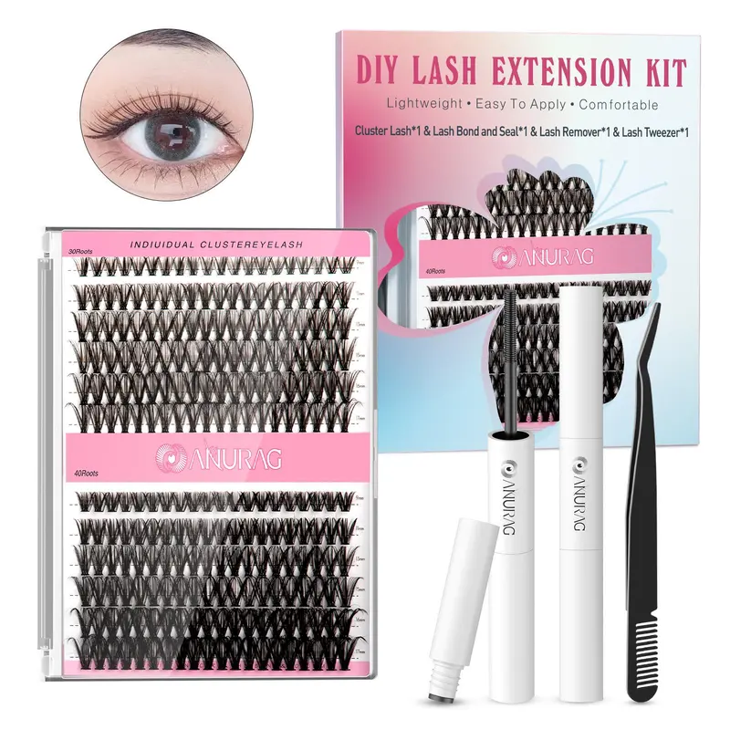 Fluffy Lash Clusters Kit for Adults - Cosmetic False Eyelashes with Contour Design, Storage Organizer, Adhesive, Remover, Tweezers, Brush, Headband, Wristband, Curler, Nature-Inspired Self-Application Extensions for Special Occasions, At-Home Use