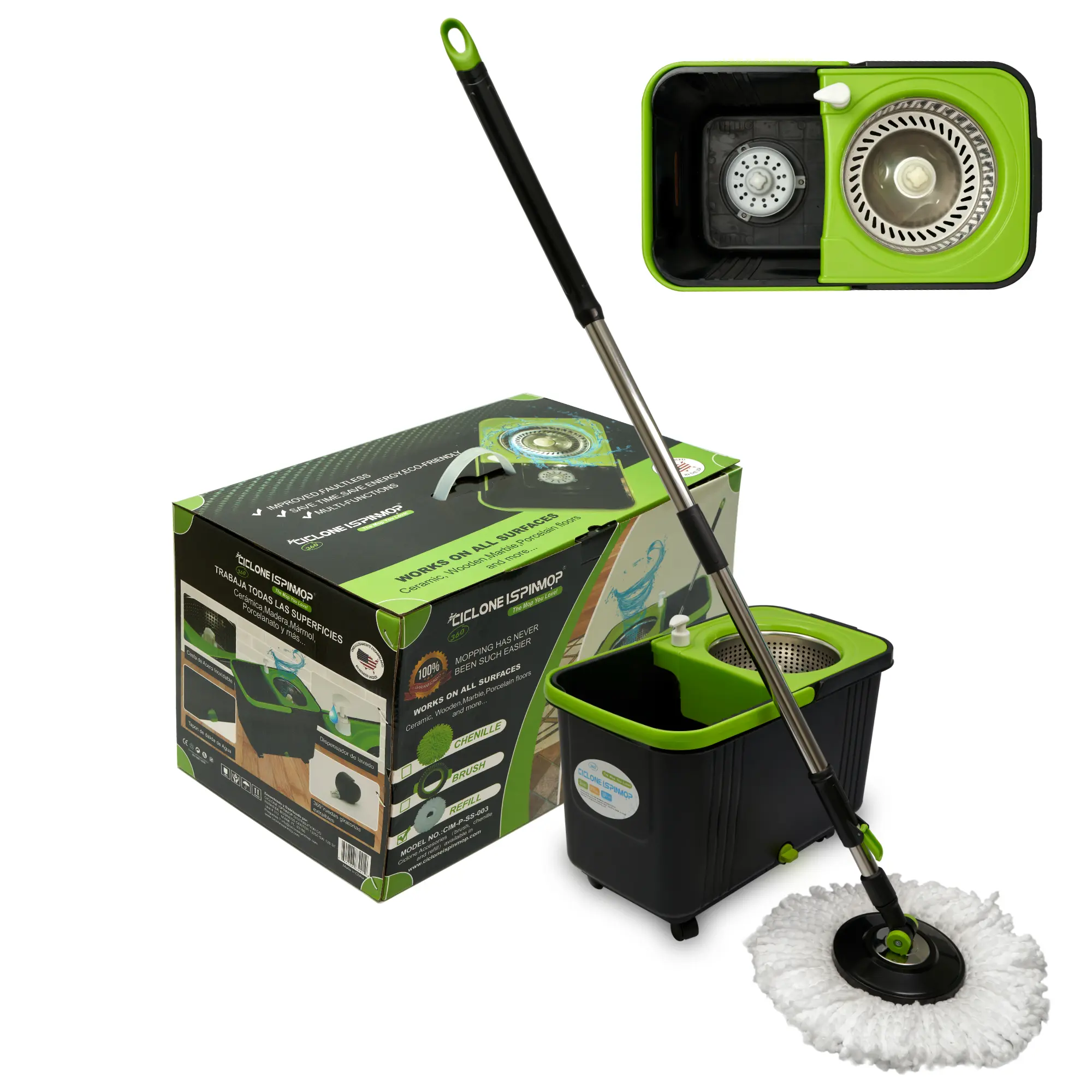 Ciclone iSpinMop 360° Spin Mop with 8L Dual Bucket – Black & Green