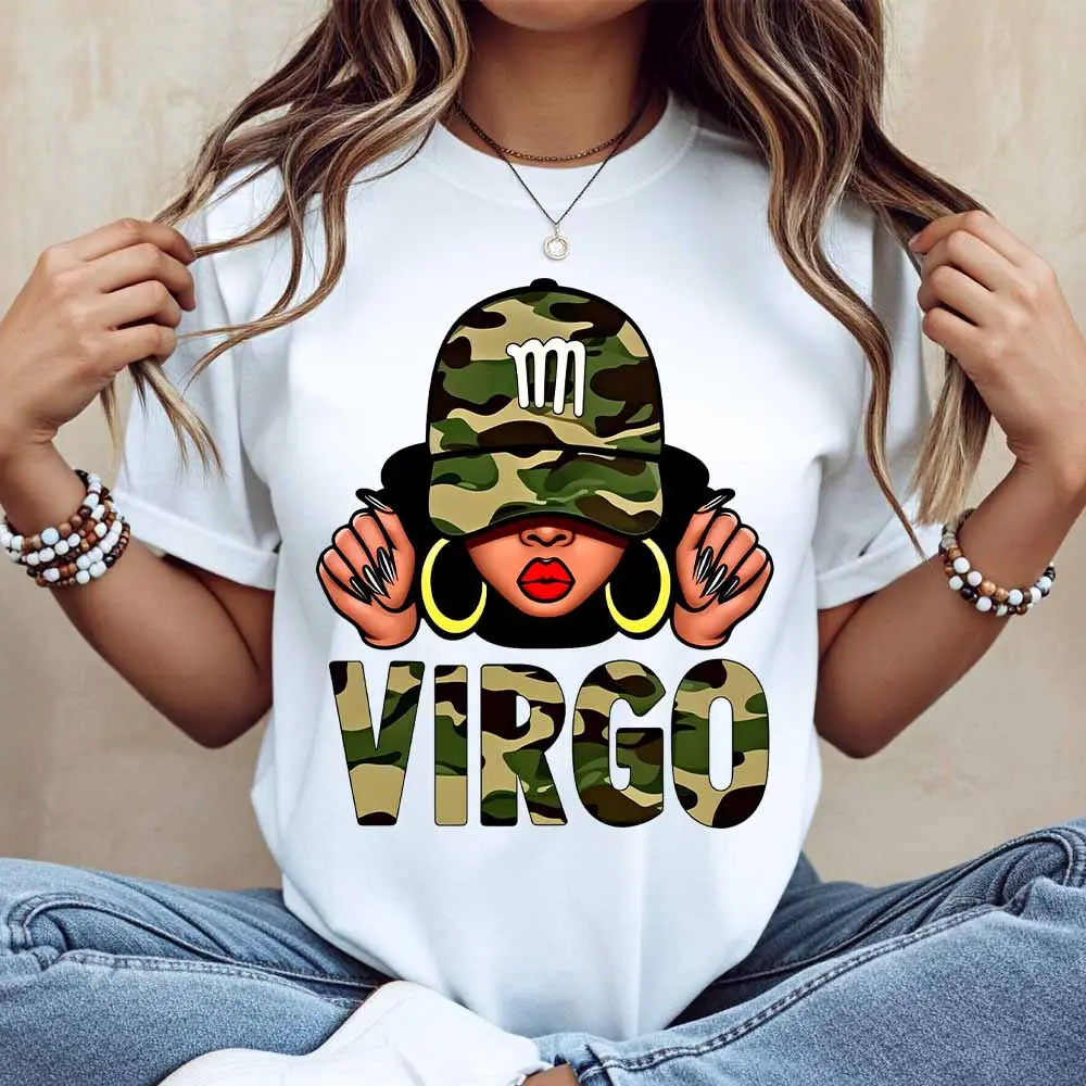 Virgo Zodiac Sign Camouflage Hat And Earrings Print T Shirt White Casual Loose Fit For Everyday Wear And Sports Activities