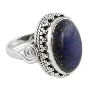 NOVICA Artisan Handmade Lapis Lazuli Cocktail Ring Sterling Silver Blue Single Stone India Royal Classic Reflecting Pond Snorkel Birthstone [crownbezel 0.8 in L x 0.6 in W x 0.4 in H Band Width 3 ]