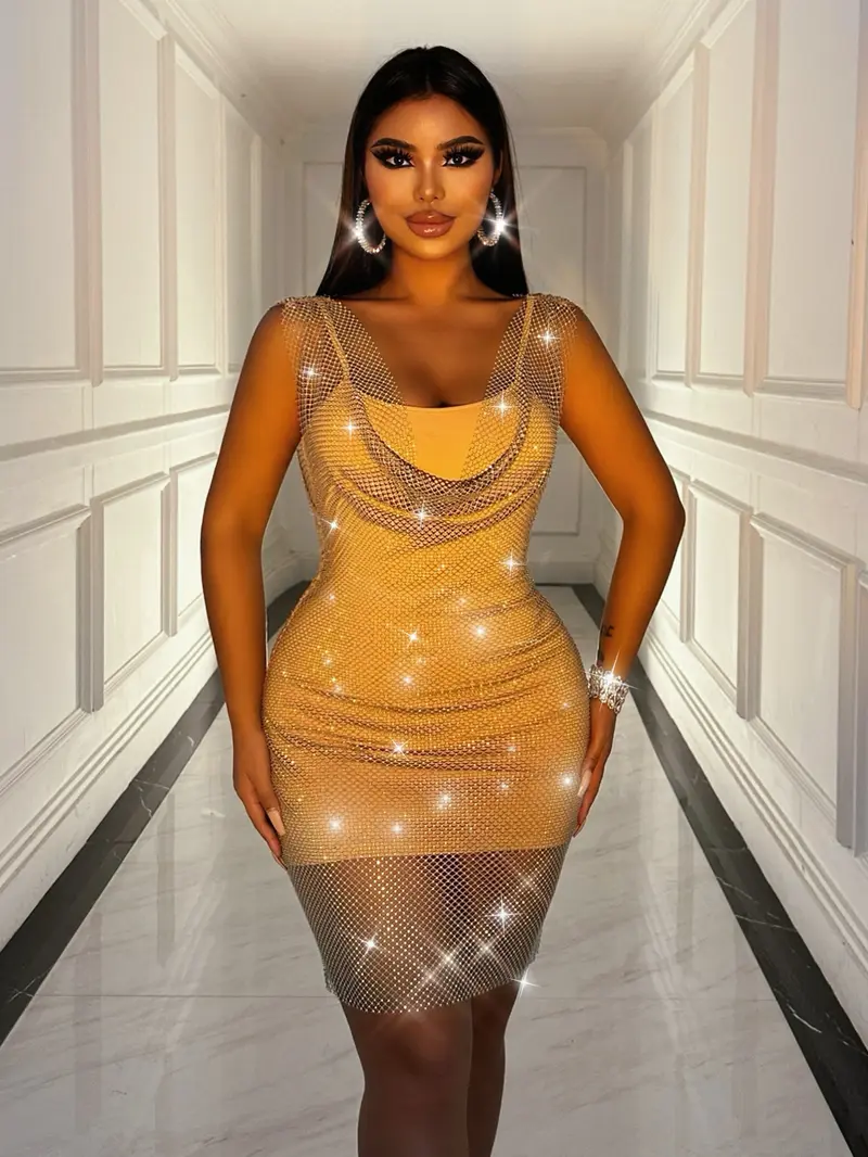 Gold Rhinestone Dress - TikTok Shop