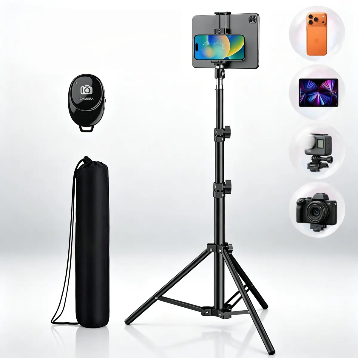 47“ Adjustable Floor Tablet Phone Tripod & Selfie Stick, Extendable Phone Holder Stand with Remote, Universal for iPhone 17 16 15 14 13 12 11 Pro Max Plus,for iPad Pro 11 / 10.5 / 9.7 iPad Mini 4/3/2/1 iPad Air 5/4/3/2,for Samsung Galaxy Phone,Camera