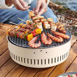 Portable BBQ Barbecue Grill - 14in Round Tabletop Charcoal Grill Iron Smoker BBQ - Compact BBQ Grill Brewing Tea Around The Stove For Outdoor/Indoor,Picnic,Garden,Terrace,Camping,Travel,RV Barbecue