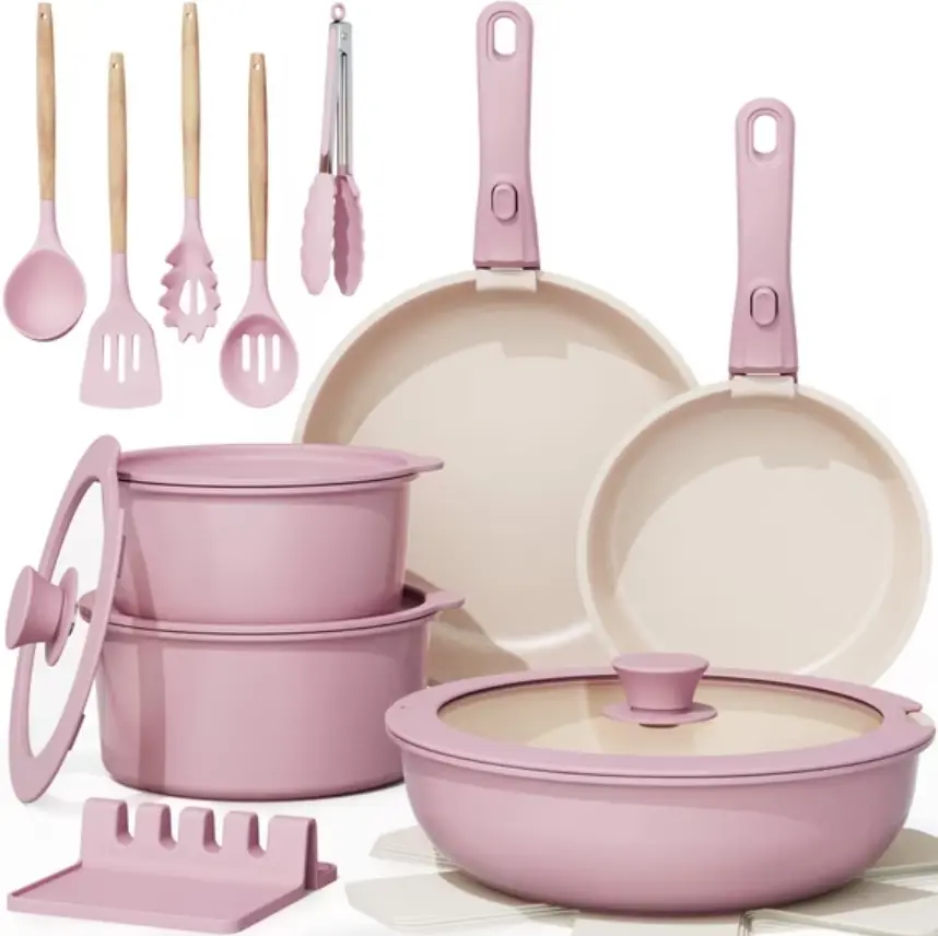 20-Piece Compact Nonstick Ceramic Cookware Set, Detachable Handles, Oven Safe to 480°F, Induction Compatible, Stackable RV Kitchen Pots and Pans Set