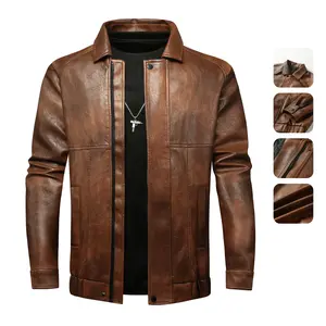 Vintage Stand Collar Windproof Scratch-resistant Leather Jacket for Outdoor Use Classic Design Medium Size