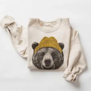 Vintage Grizzly Bear in Beanie Sweatshirt - Cozy Retro 90s Animal Pullover - Fun Wilderness Nature Camping - Unisex Graphic