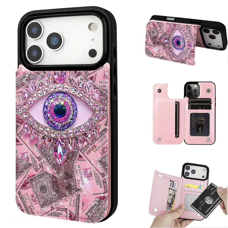 Eye Pattern Card Clip Wallet Large Hole Phone Case Suitable for Iphone 17 16 15 14 13 12 PRO MAX PLUS,AIR, with Credit Card Slot, Suitable for Galaxy S25 S24 S23 S22 Ultra/Plus, Portable Folding Coin Purse Soft Shell. Perfect gift for family and friends