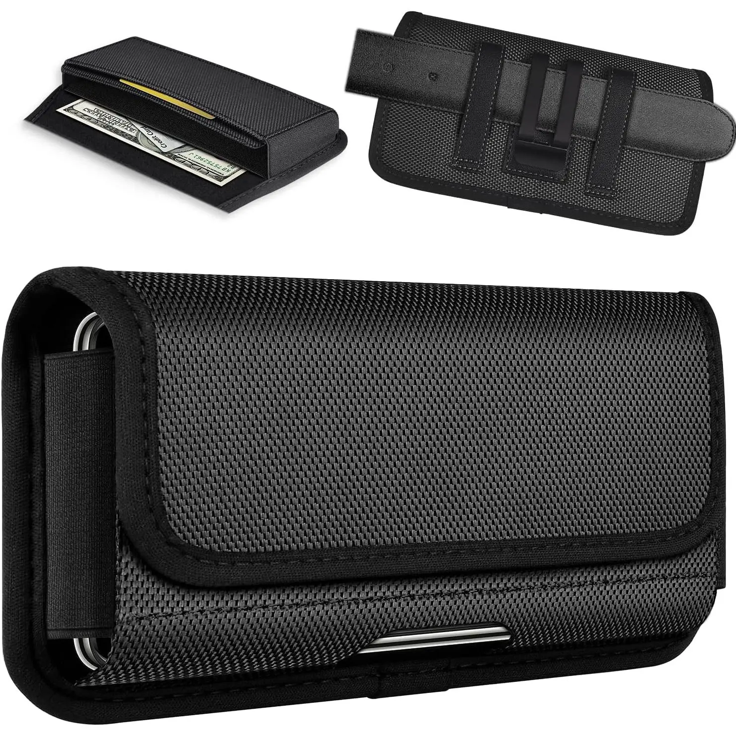 P-PCS019    Rugged Nylon Holster Compatible with iPhone 16/15/14/13/12 Pro Max & Plus Models, Galaxy S24/S23/S21/S20 FE Cell Phone Belt Holder for Men, Black - XL