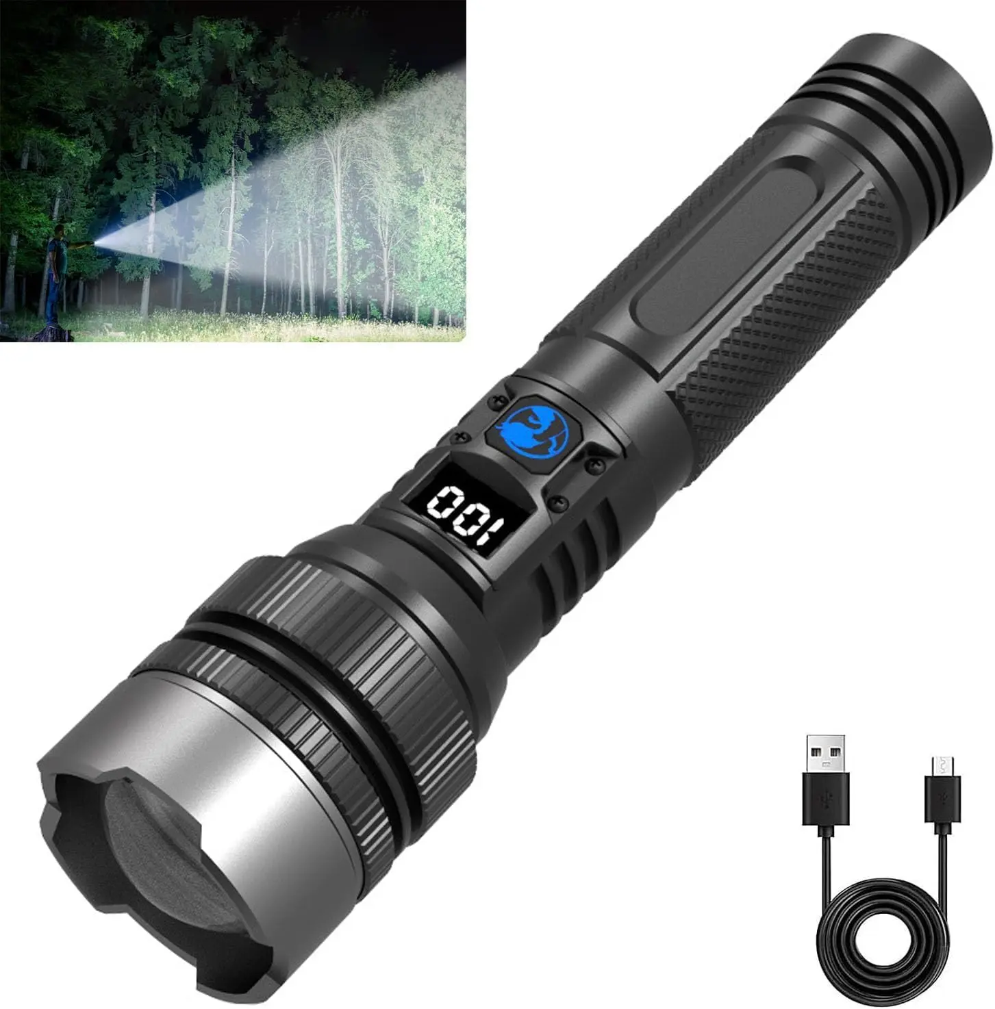 Rechargeable Strong Light LED Flashlight - Portable USB Handheld Flashlight with Digital Power Display, Adjustable Brightness, Zoomable LED Light, Black, Ideal for Outdoor Camping, Emergencies, Portable Flashlights