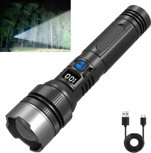 Powerful flashlight (power bank) with digital power display, rechargeable, zoomable, adjustable brightness—ideal for outdoor use, emergencies, and camping accessories. Black Summer Vibes outdoor fun.