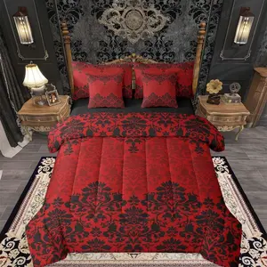 Red Black Gothic Damask Comforter Set 7 Pieces Antique Victorian Baroque Bedding Set Gothic Vintage Damask Floral Bed in a Bag with Comforter,Sheets,Pillowcases,Cushion Covers