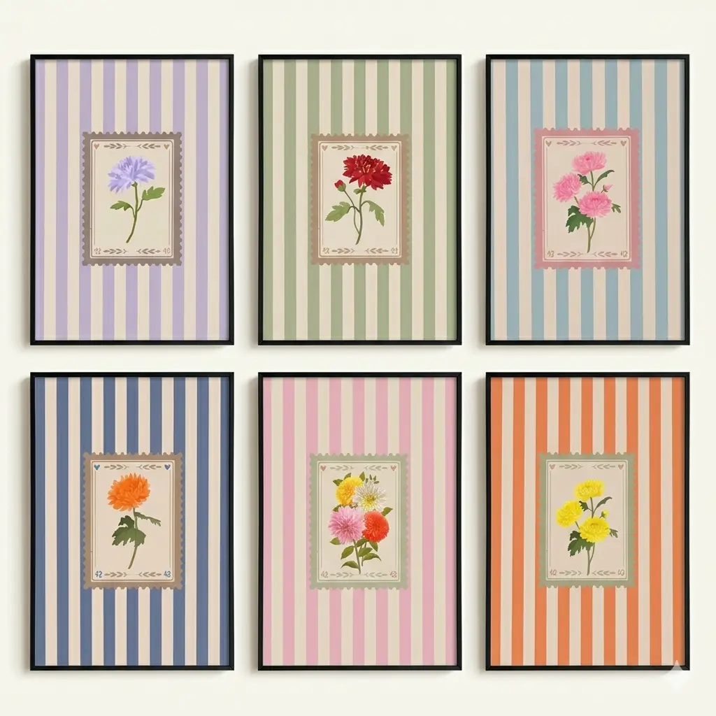 Vintage Floral Stripe-Botanical Stamp Canvas Wall Art Posters - Coquette Cute Colorful Flower Decorations for Girls' Bedroom, Dorm Room Decor, Girly House Accessories, Decoration