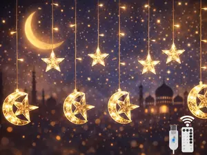 WATERGLIDE 138 LED Star and Moon Curtain Decorative Lights, Curtain Fairy Lights, Remote Control and USB Plug, 8 Lighting Modes, Suitable for Home Holidays, Ramadan, Christmas, Wedding Parties, Warm White