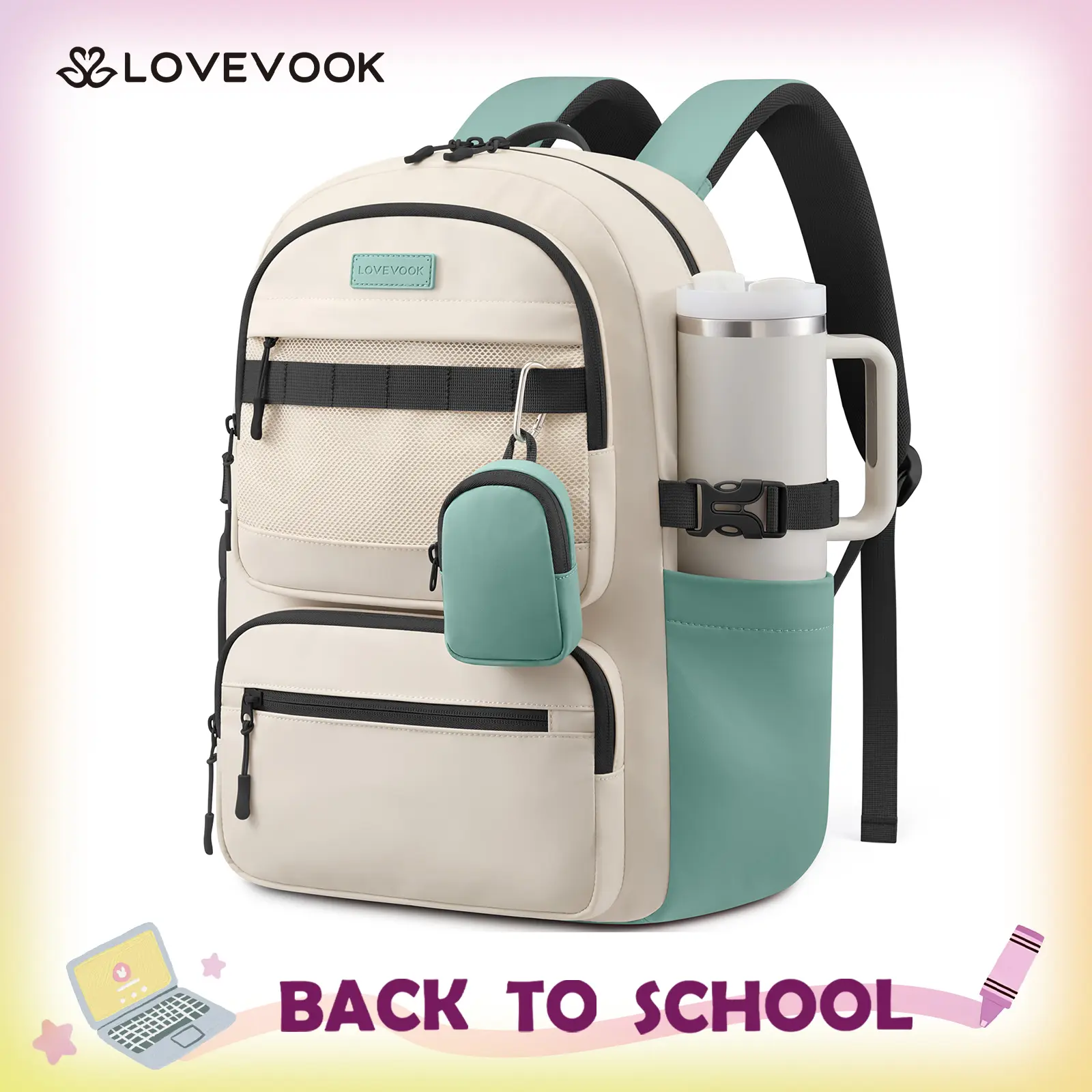 LOVEVOOK College Laptop Backpack, 15.6" Padded Daypack Trolley Sleeve, 14 Pockets, Waterproof Work Bag for Nurse Teacher Office Daily Commute with Accessory Pouch