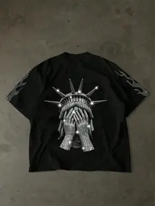 Unisex Statue of Liberty Eye-Covering Rhinestone Tee, Crewneck | American High Street Dark Aesthetic Oversized Top | Viral TikTok Pick For Street Style, Festivals, Y2K Fits & Daily Wear | Heavy Cotton + Full Rhinestone + Flame Rhinestone Sleeves